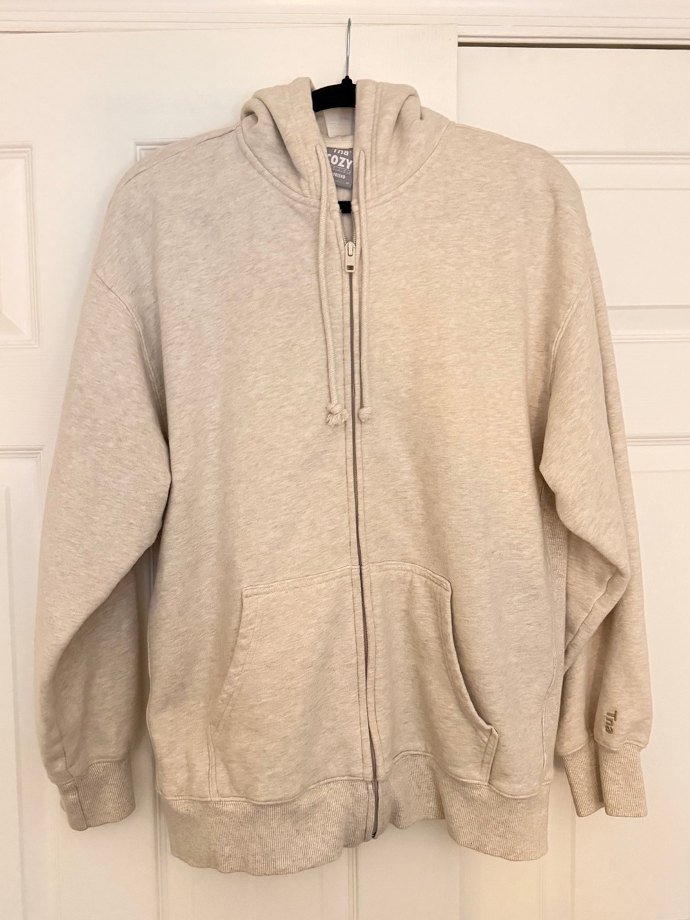 Aritzia TNA Cozy Fleece Boyfriend Zip up Hoodie Jacket, Heather Cream - Medium